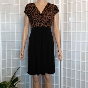 Enfocus Studio Animal Print Dress Black & Brown V-Neck Criss Cross Midi Size 8